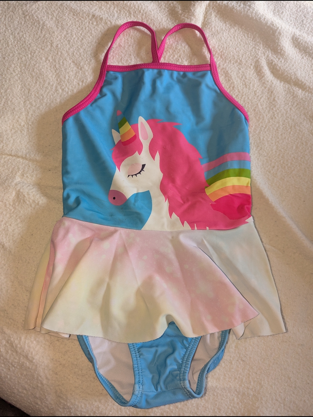 Girls Unicorn One-Piece Swimsuit with Skirt - Blue & Pink